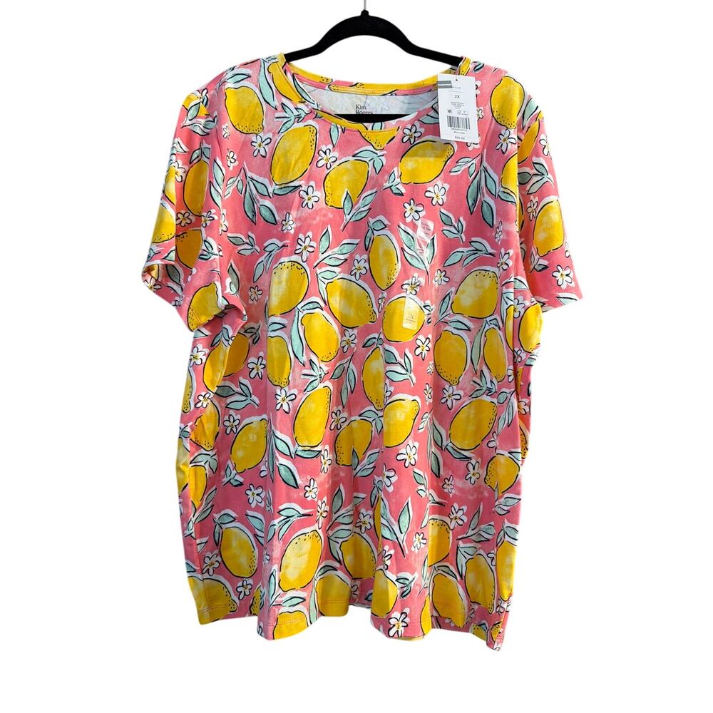 Kim Rogers Women's Plus Size Pink Lemon Short Sleeve Crew T-Shirt Size 2X New